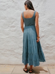 Washed Blue - Ærmeløs ribbet midikjole med firkantet halsudskæring - Billede 5 af 5