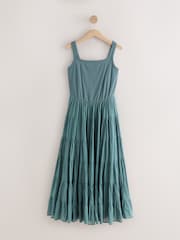 Blauwe wassing - Mouwloze midi-jurk met vierkante hals en ribstof - Afbeelding 6 van 8