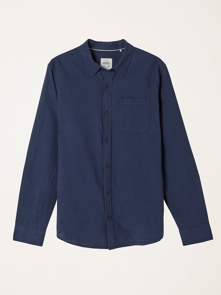 FatFace Navy Long Sleeve Linen Cotton Bugle Shirt - Image 8 of 8