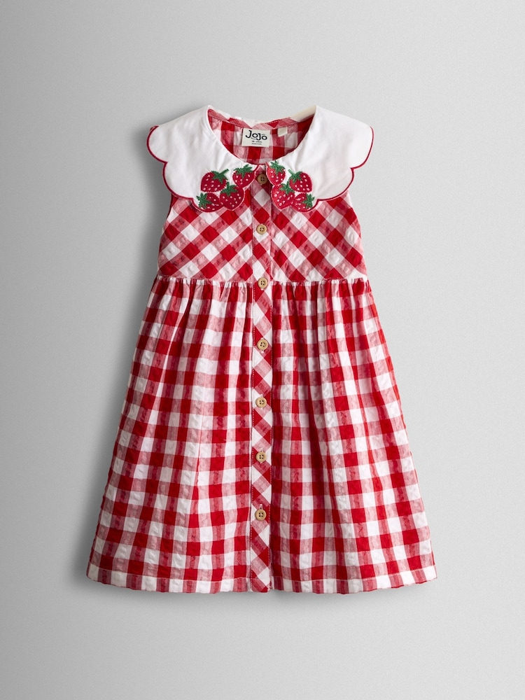 أحمر - فستان بياقة بلا أكمام مزود بأزرار كاملة من Jojo Maman Bébé - Image 2 of 4