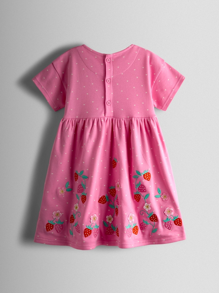 JoJo Maman Bébé Pink Strawberry Appliqué Bow Dress - Image 2 of 3