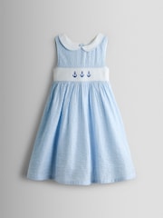 JoJo Maman Bébé Blue Sparkle Smocked Sleeveless Nautical Dress - Image 2 of 7