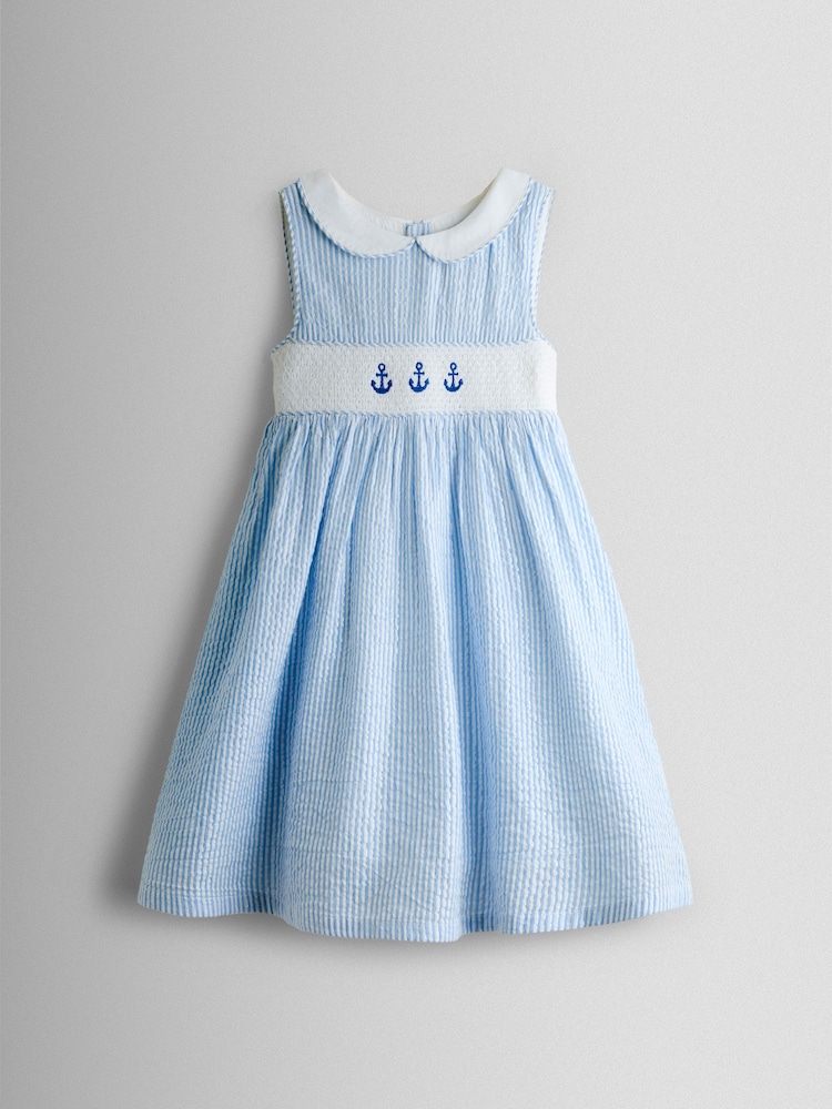 JoJo Maman Bébé Blue Sparkle Smocked Sleeveless Nautical Dress - Image 2 of 7