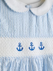 JoJo Maman Bébé Blue Sparkle Smocked Sleeveless Nautical Dress - Image 6 of 7
