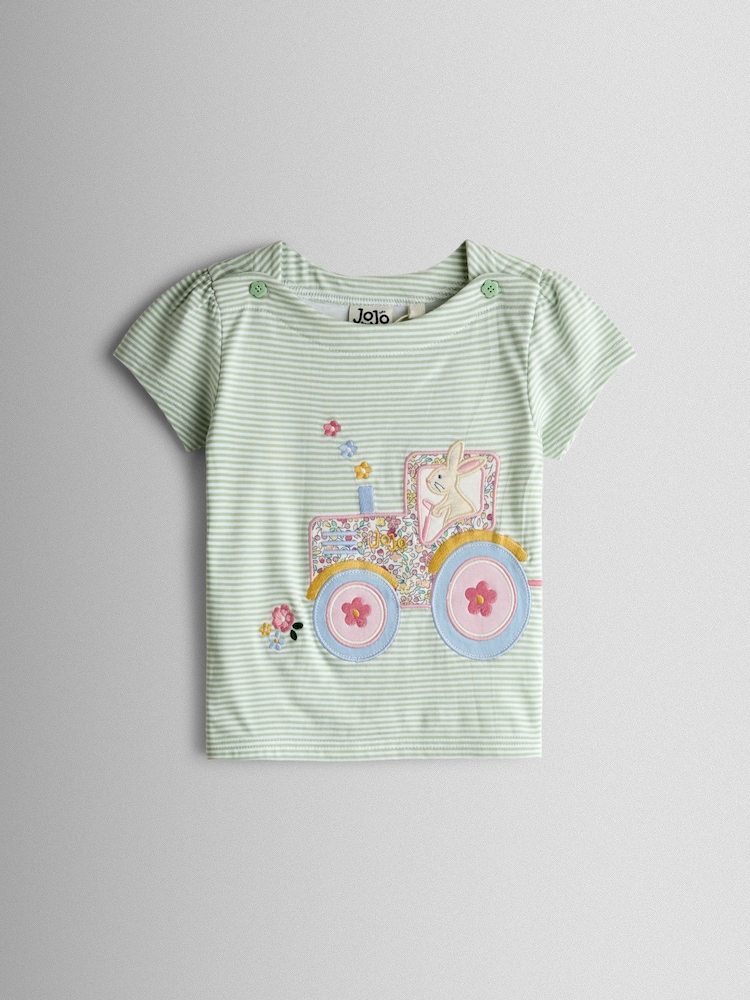 JoJo Maman Bébé Green Bunny Tractor Appliqué Button Shoulder T-Shirt - Image 1 of 3