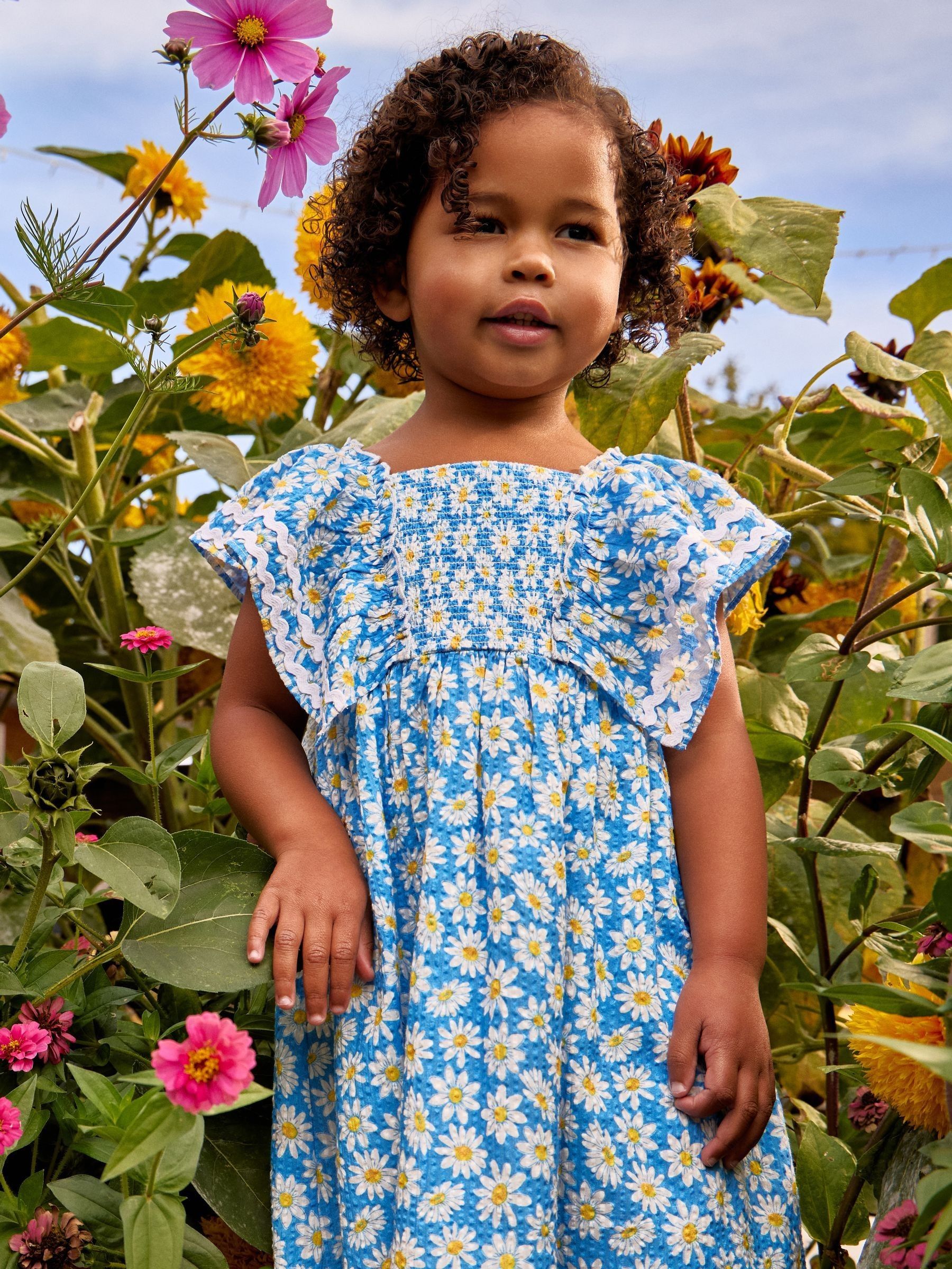 Jojo Maman Bébé Women's Blue Daisy Seersucker Frill Shoulder Smocked Dress