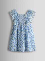JoJo Maman Bébé Blue Daisy Seersucker Frill Shoulder Smocked Dress - Image 1 of 4