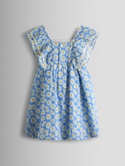 JoJo Maman Bébé Blue Daisy Seersucker Frill Shoulder Smocked Dress - Image 2 of 4