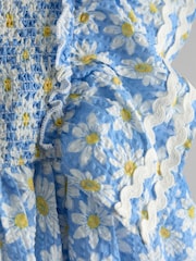 JoJo Maman Bébé Blue Daisy Seersucker Frill Shoulder Smocked Dress - Image 3 of 4