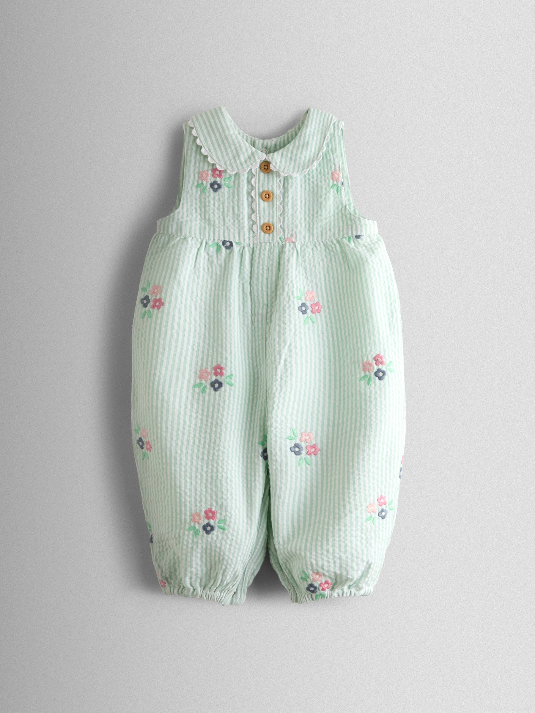 Jojo Maman Bébé Green Stripe Floral Embroidered Collar Dungaree