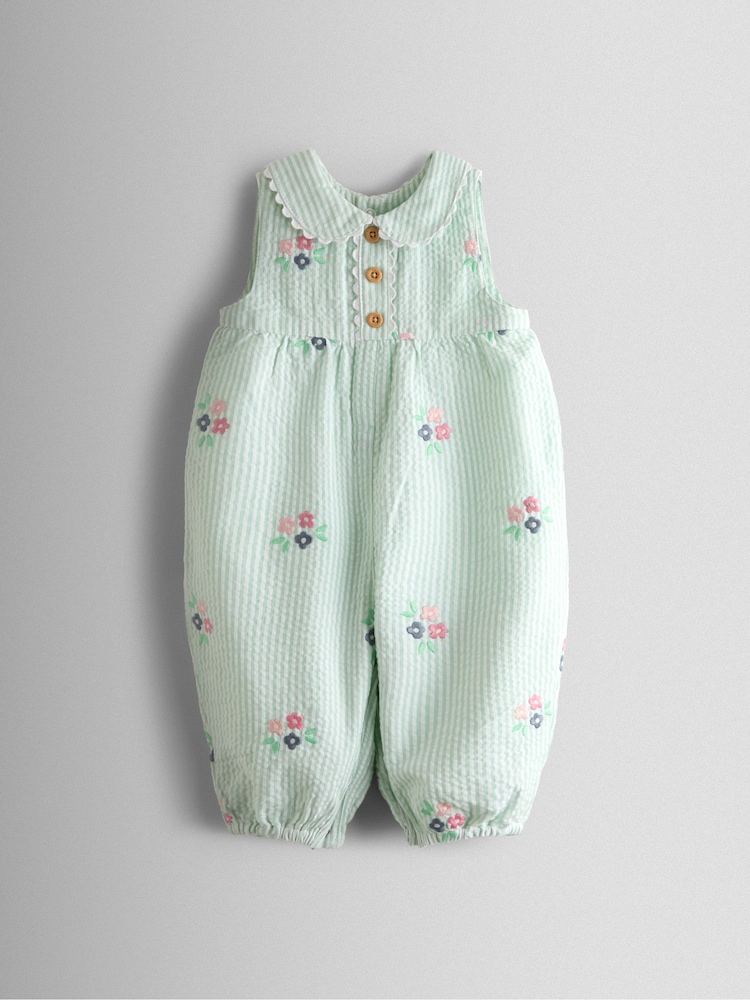 JoJo Maman Bébé Green Stripe Floral Embroidered Collar Dungaree - Image 1 of 4
