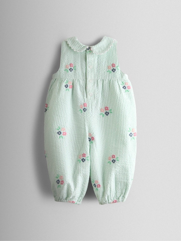 JoJo Maman Bébé Green Stripe Floral Embroidered Collar Dungaree - Image 2 of 4