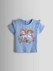 JoJo Maman Bébé Mid Blue Applique Frill Sleeve T-Shirt - Image 1 of 3