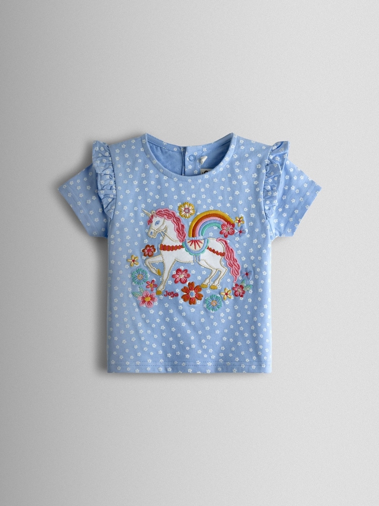 JoJo Maman Bébé Mid Blue Applique Frill Sleeve T-Shirt - Image 1 of 3