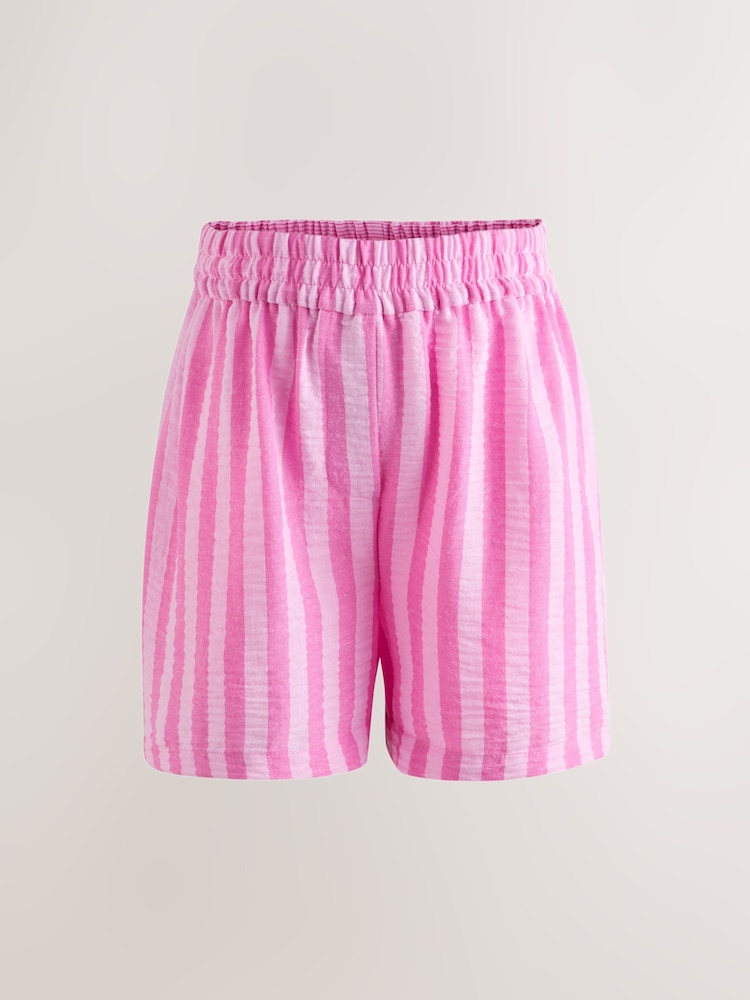 Pink Stripe Maternity Fold-Over Waistband Boxer Shorts with Linen - Image 1 of 4