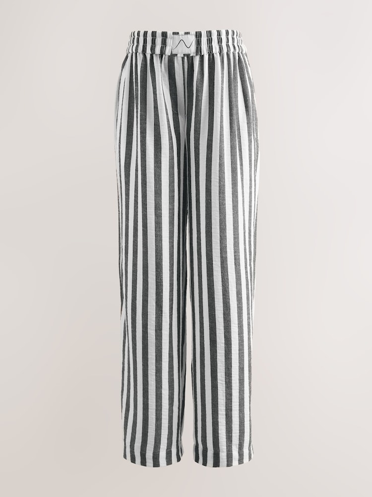 Grey Stripe Maternity Stripe Pull On Barrel Leg Trousers with Linen - Image 2 of 4