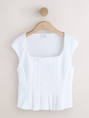 White Pleated Peplum Square Neck Short Sleeve Top - Image 5 of 7
