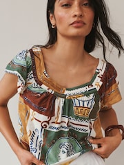 Blue Print Short Sleeved Square Neck Top - Image 1 of 4