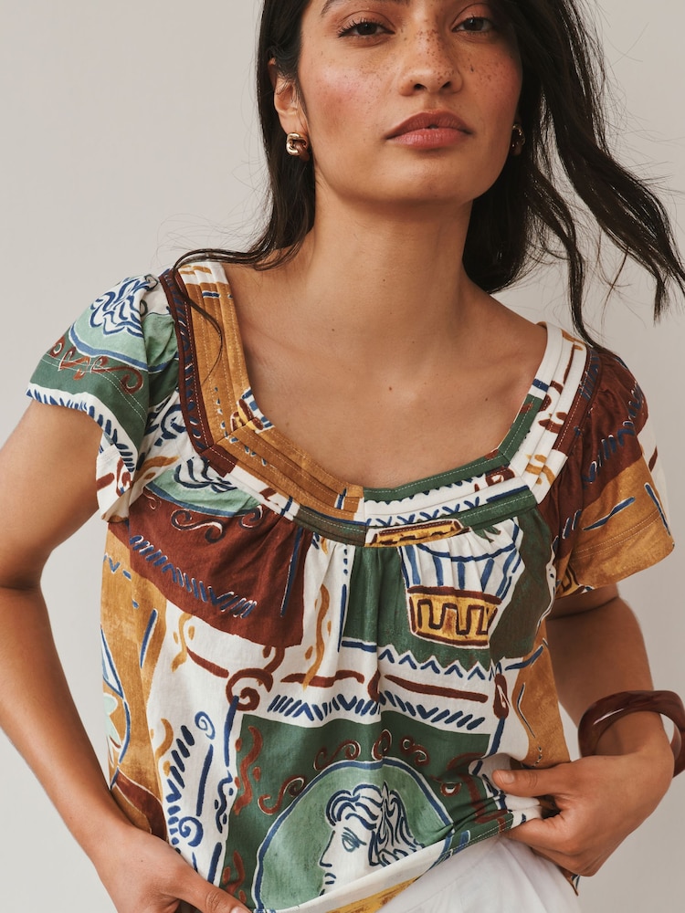 Blue Print Short Sleeved Square Neck Top - Image 1 of 4