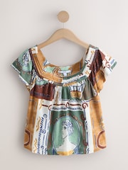 Green Greek Print - Short Sleeved Square Neck Top - 7的图像5｝