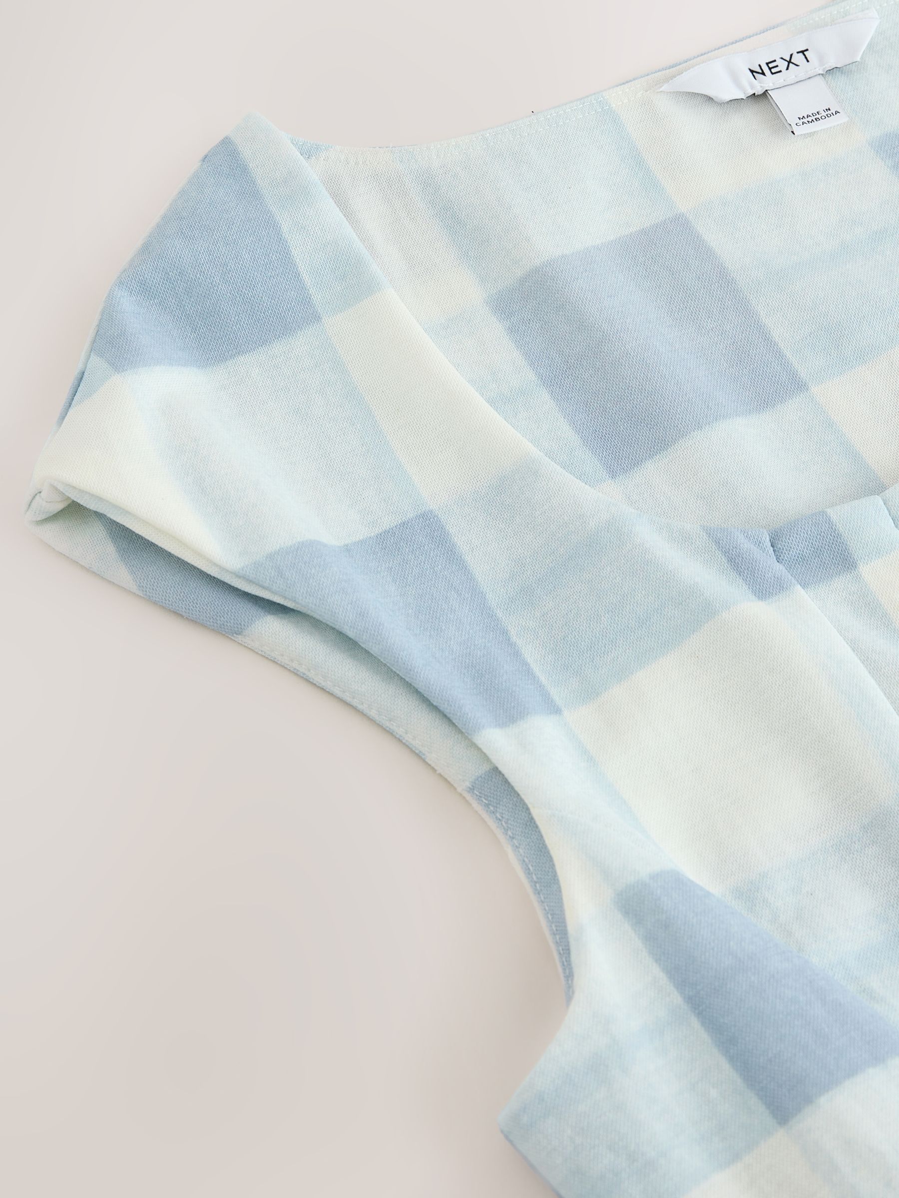 Buy Blue/White Gingham Pleated Peplum Square Neck Short Sleeve Top
