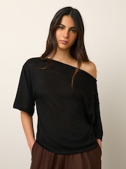 Black Knit Look Asymmetric Short Sleeve Top - Image 1 of 8