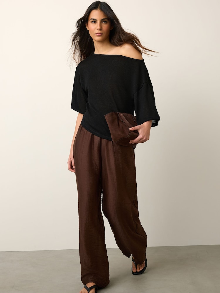 Black Knit Look Asymmetric Short Sleeve Top - Image 2 of 8