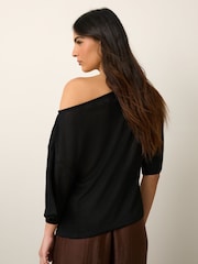 Black Knit Look Asymmetric Short Sleeve Top - Image 3 of 8
