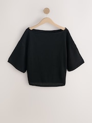 Black Knit Look Asymmetric Short Sleeve Top - Image 6 of 8