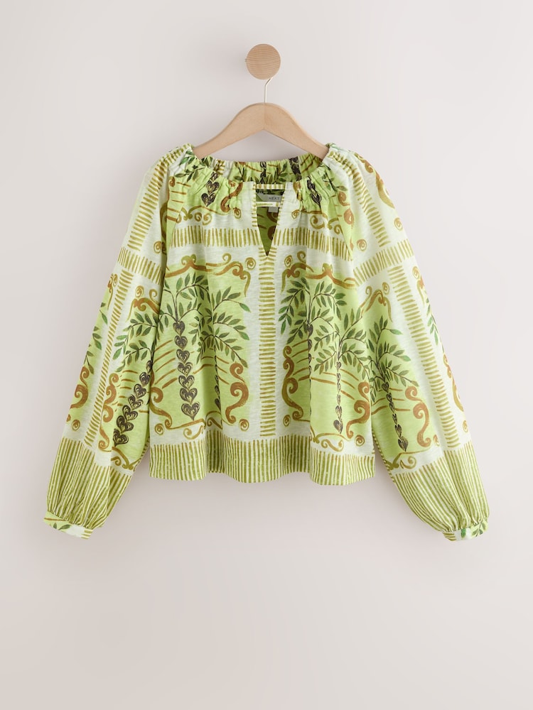 Lime Green Long Sleeve Notch Neck Top - Image 1 of 3