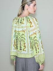 Lime Green Long Sleeve Notch Neck Top - Image 4 of 8