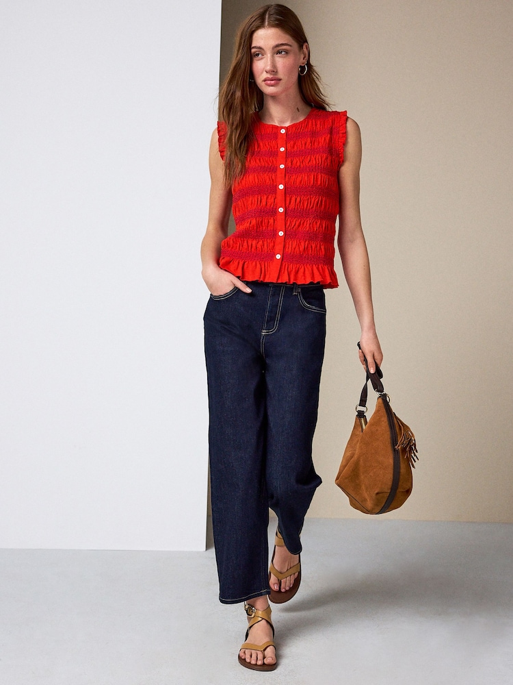 红色 - Shirred Sleeveless Button Through Top - 5的图像2｝