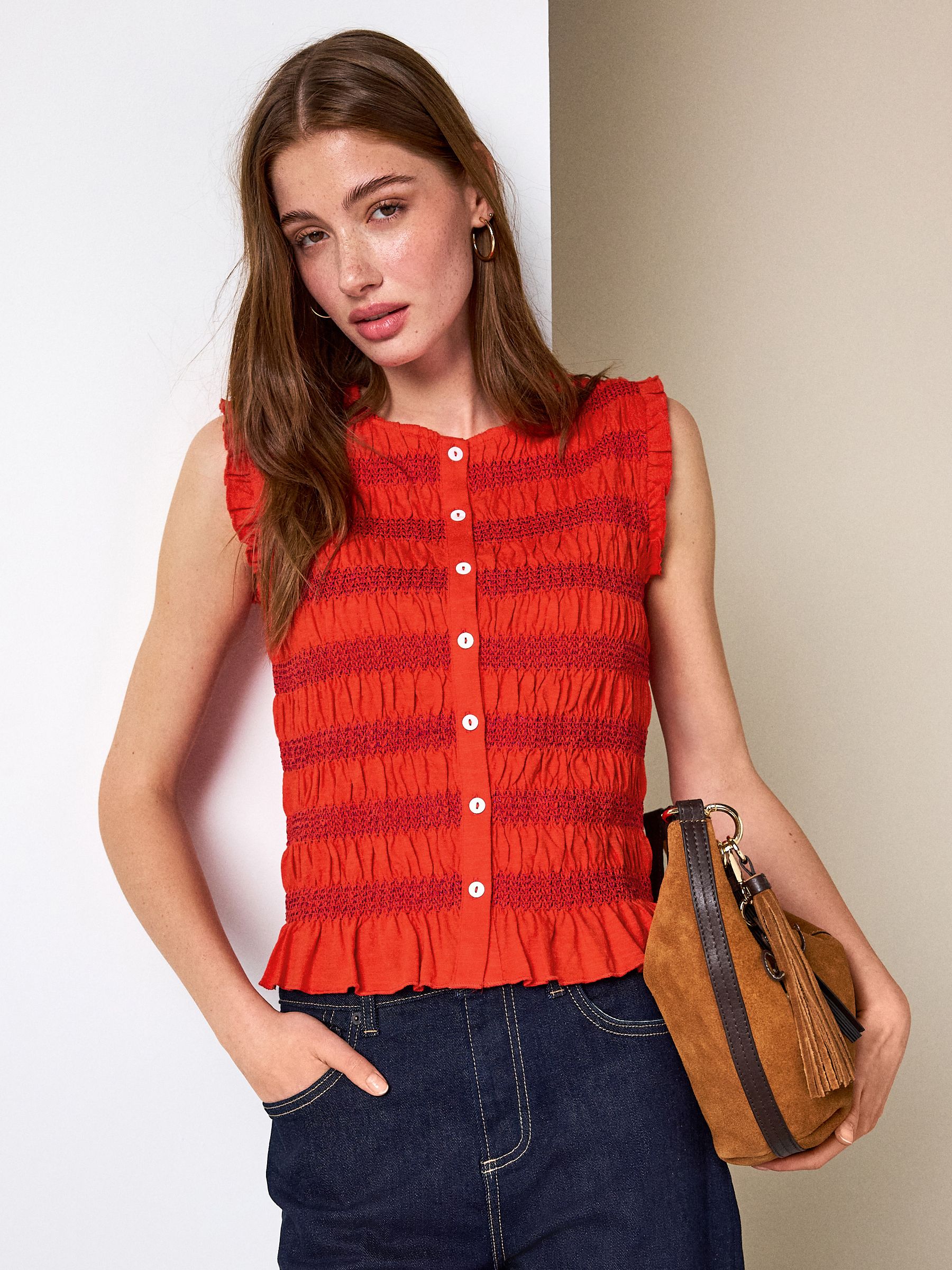 Buy Red Shirred Sleeveless Button Through Top from Next USA