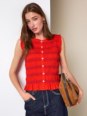 红色 - Shirred Sleeveless Button Through Top - 5的图像3｝
