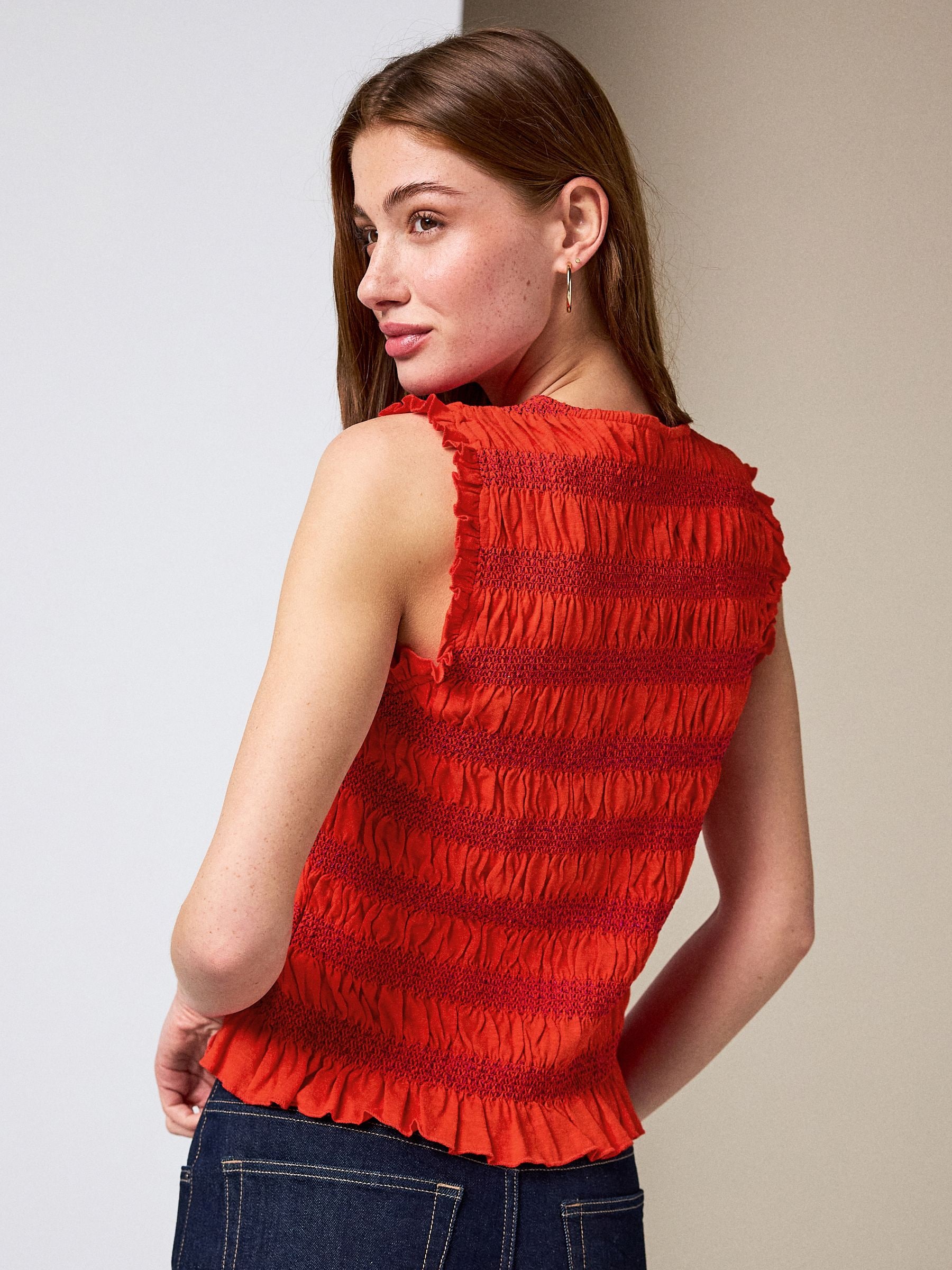 Buy Red Shirred Sleeveless Button Through Top from Next USA