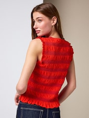 红色 - Shirred Sleeveless Button Through Top - 5的图像4｝