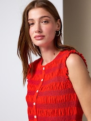 红色 - Shirred Sleeveless Button Through Top - 5的图像5｝