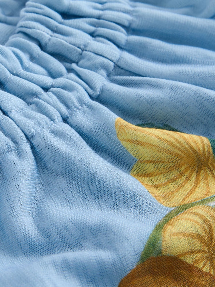 Blue Floral Print Long Sleeve Notch Neck Top - Image 2 of 3