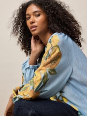 Blue Floral Print Long Sleeve Notch Neck Top - Image 4 of 7