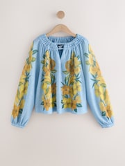 Blue Floral Print Long Sleeve Notch Neck Top - Image 5 of 7