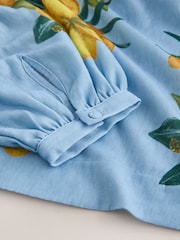 Blue Floral Print Long Sleeve Notch Neck Top - Image 7 of 7