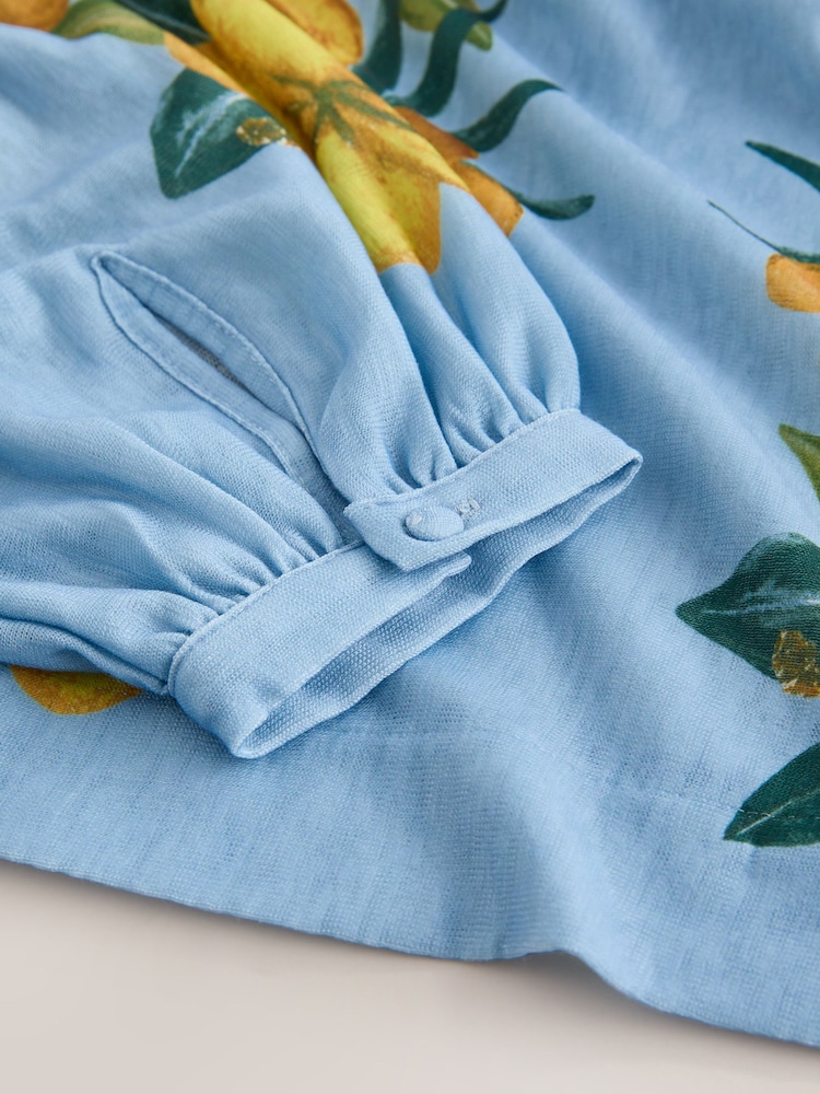 Blue Floral Print Long Sleeve Notch Neck Top - Image 7 of 7