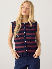 Navy/Red Stripe Shirred Sleeveless Button Through Top - Image 1 of 4