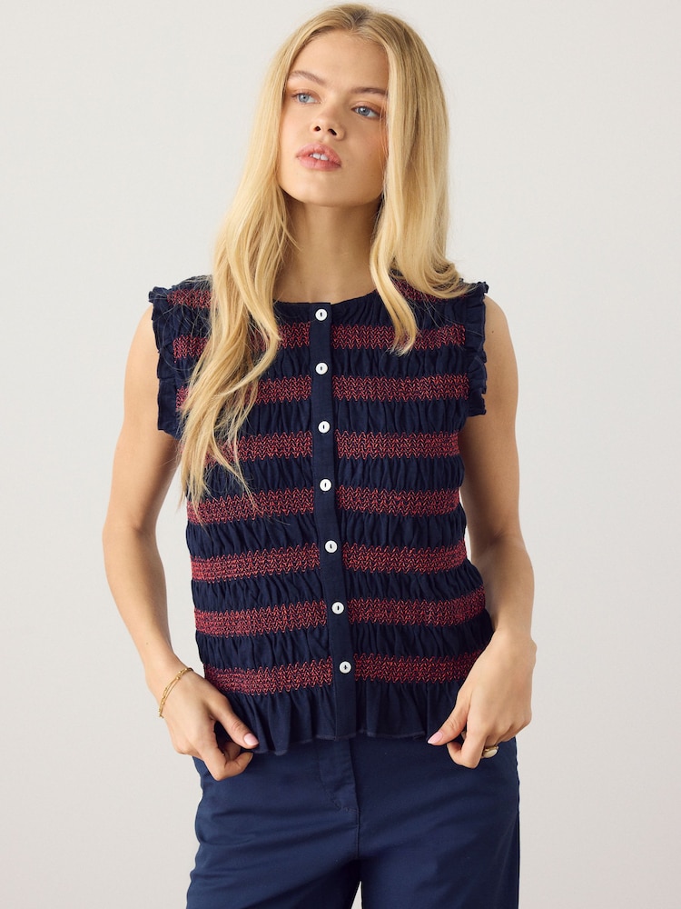 Navy/Red Stripe Shirred Sleeveless Button Through Top - Image 1 of 4