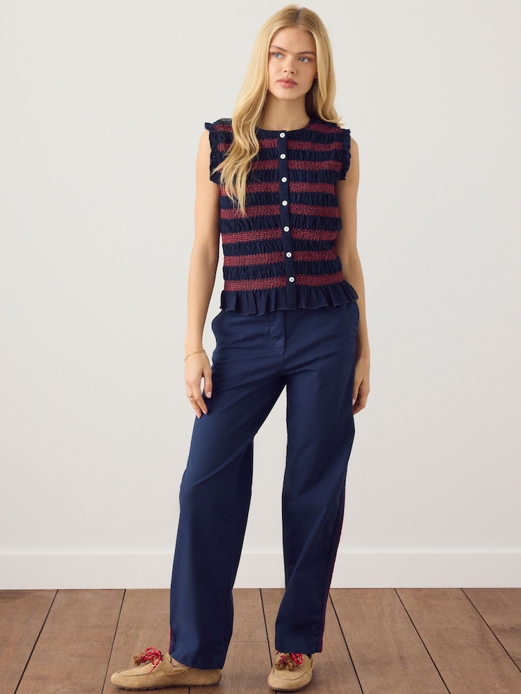 Navy/Red Stripe Shirred Sleeveless Button Through Top - Image 2 of 4
