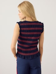 Navy/Red Stripe Shirred Sleeveless Button Through Top - Image 3 of 4