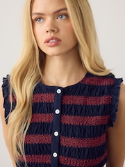Navy/Red Stripe Shirred Sleeveless Button Through Top - Image 4 of 4