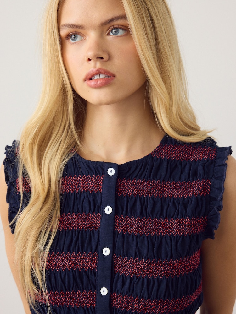 Navy/Red Stripe Shirred Sleeveless Button Through Top - Image 4 of 4