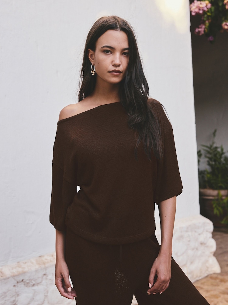 Chocolate Brown Knit Look Asymmetric Short Sleeve Top - Image 1 of 8