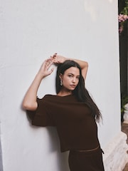 Chocolate Brown Knit Look Asymmetric Short Sleeve Top - Image 3 of 8